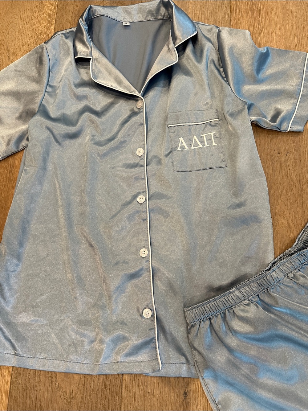 Satin Short-Sleeve Alpha Delta Pi Pajama Set in Blue with Embroidered Pocket - Picture 4 of 4